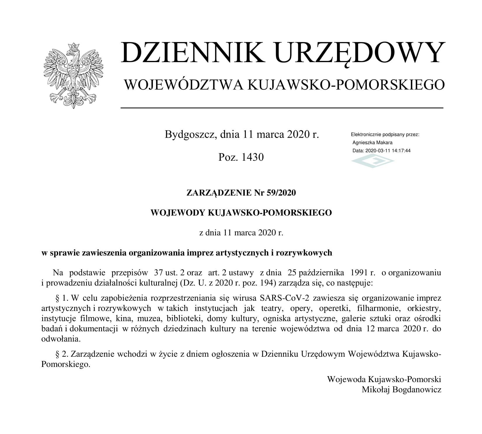 zarzdzenie w sprawie zawieszenia organizowania imprez artystycznych i rozrywkowych 1
